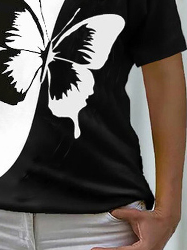 Casual Butterfly V Neck Short Sleeve T-shirt