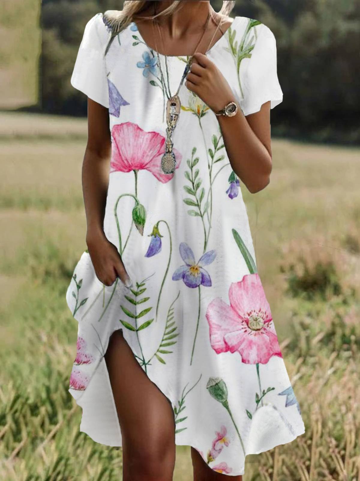 Women Floral Crew Neck Short Sleeve Comfy Casual Midi Dress