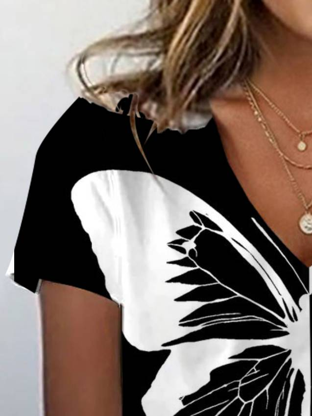 Casual Butterfly V Neck Short Sleeve T-shirt