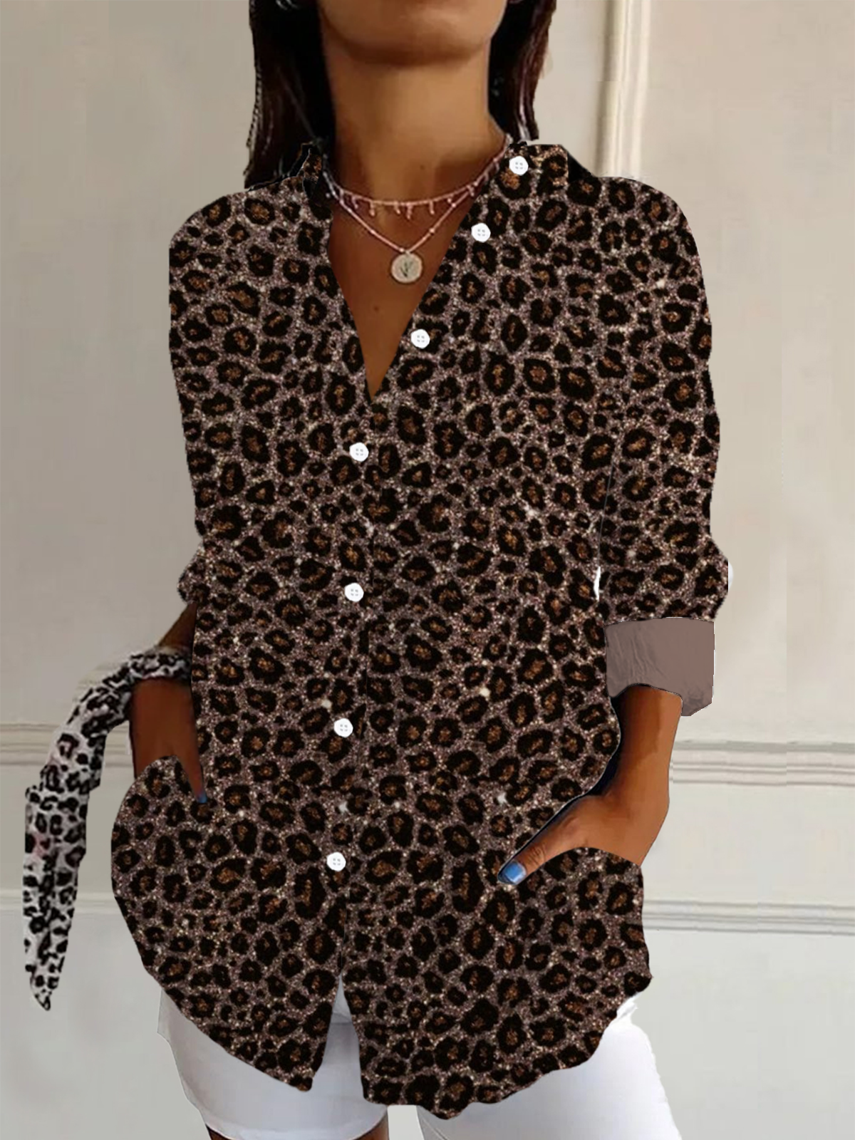 Shirt Collar Long Sleeve Leopard Regular Loose Shirt For Women