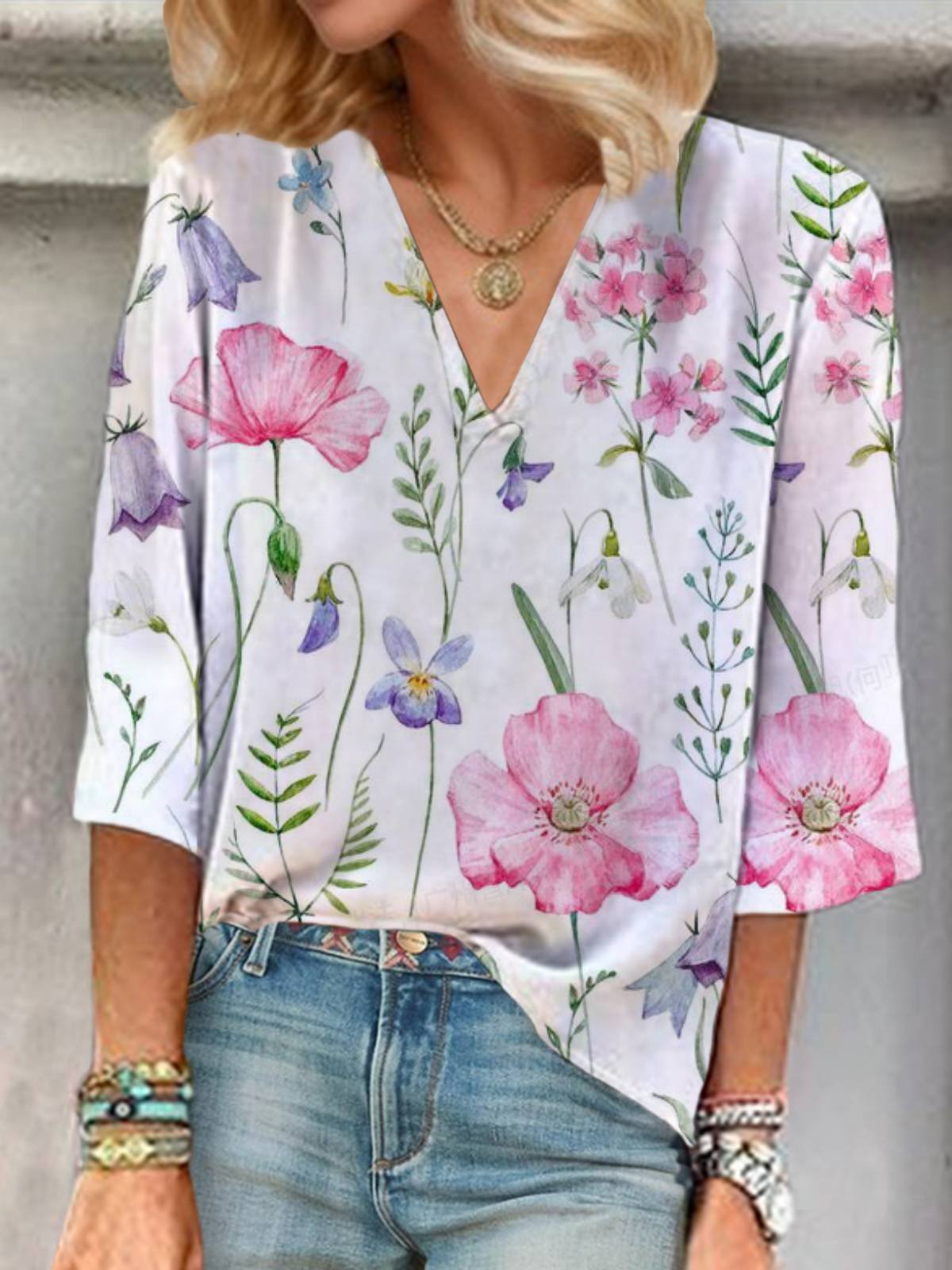 V Neck Three Quarter Sleeve Floral Regular Loose Blouse For Women