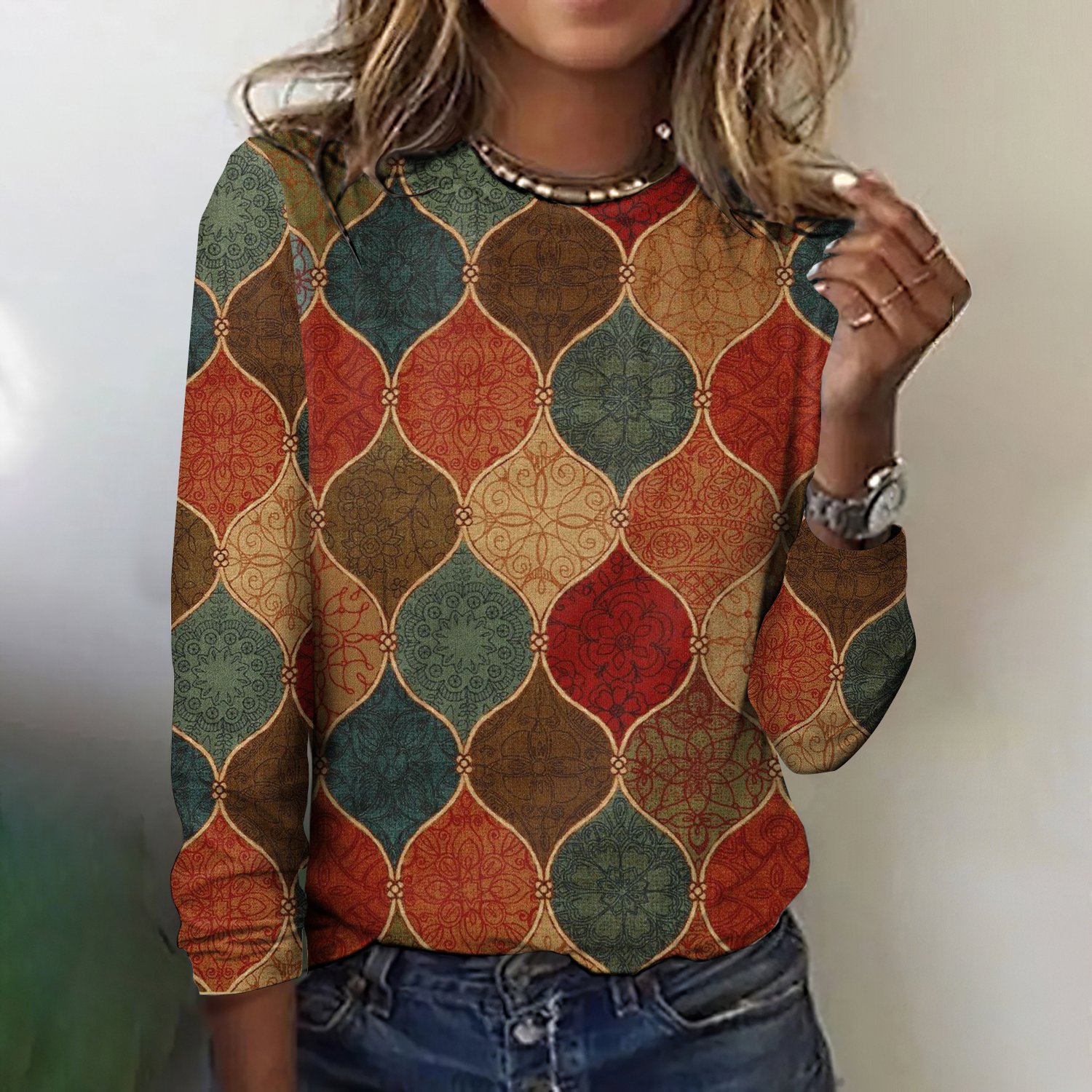 Vintage Plaid Crew Neck Long Sleeve T-shirt