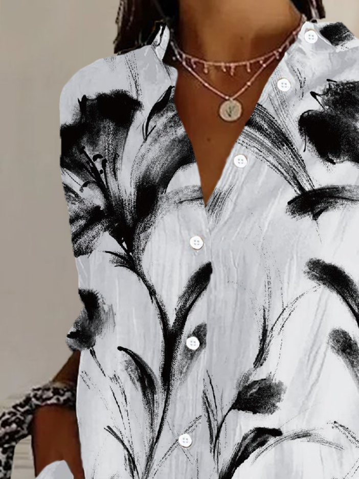 Shirt Collar Regular Sleeve Long Sleeve Floral Buckle Regular Loose Button Up Shirt Shirt For Women