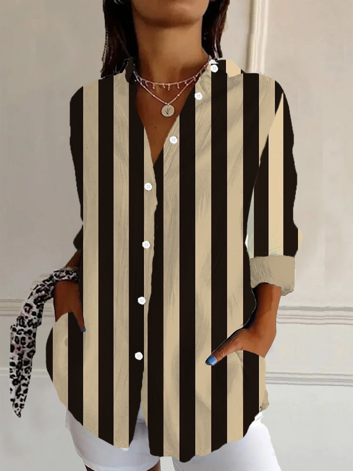 Shirt Collar Long Sleeve Striped Buckle Regular Loose Button Up Shirt Shirt For Women