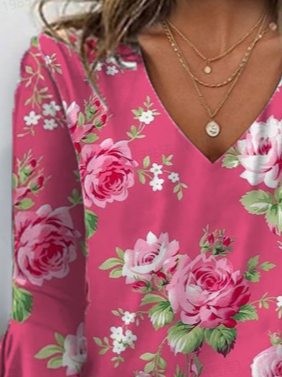 Casual Floral V Neck Half Sleeve T-shirt