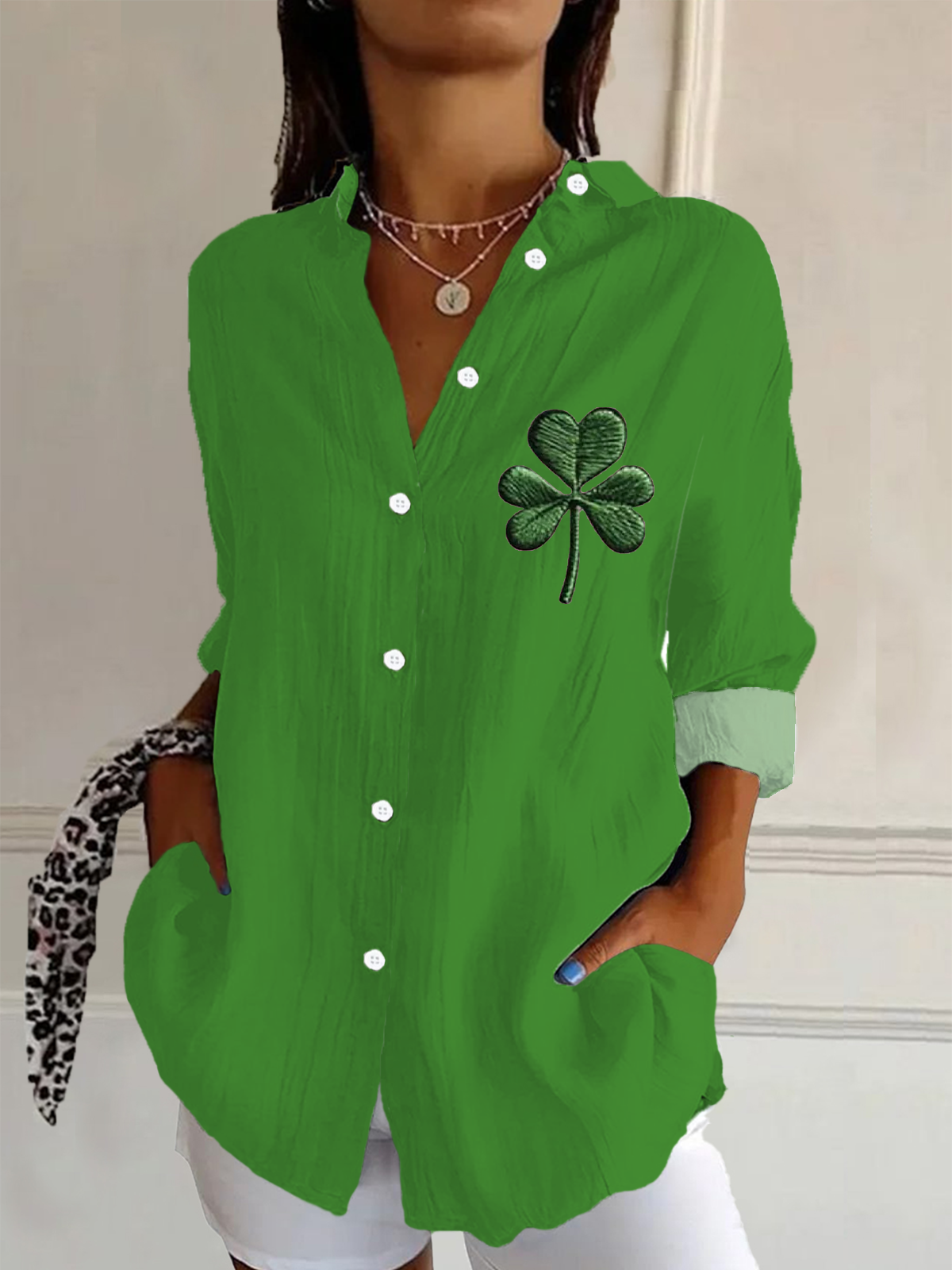 St. Patrick's Day Leaf Buckle Regular Loose Button Up Shirt Shirt For Women