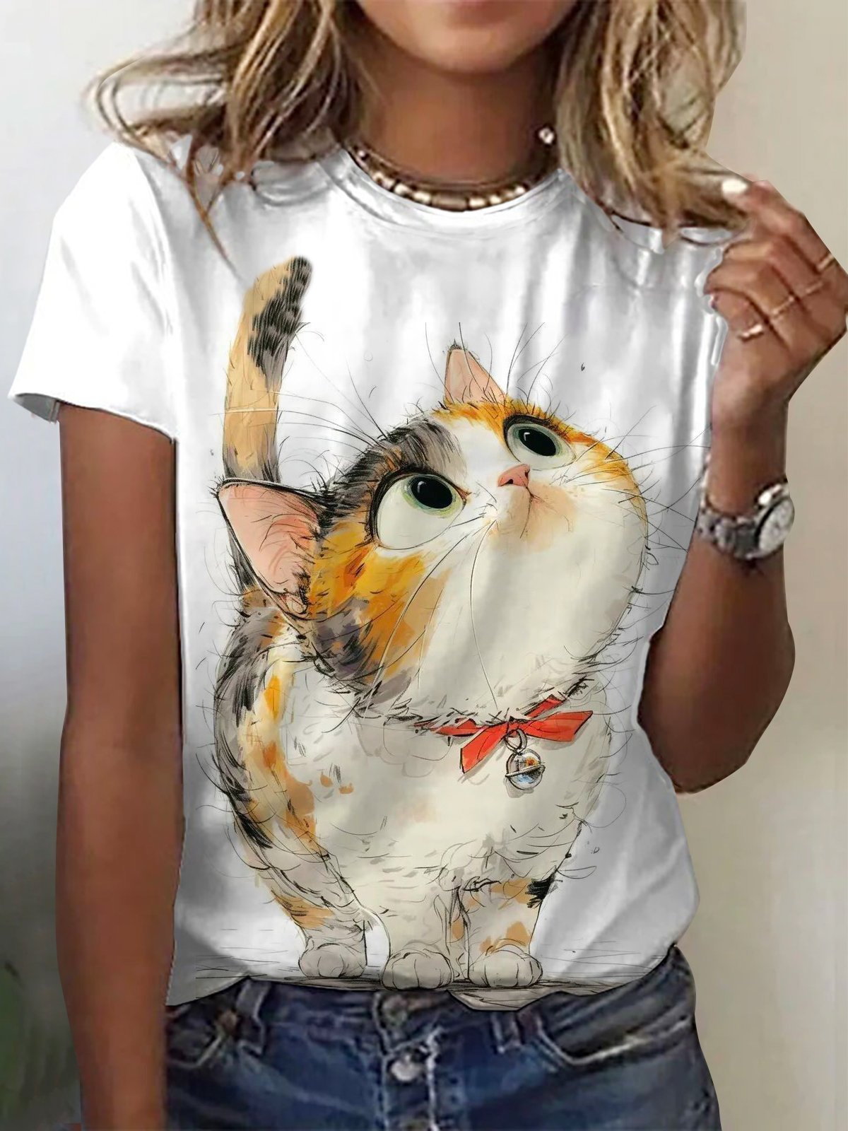 Casual Cat Crew Neck Short Sleeve T-shirt