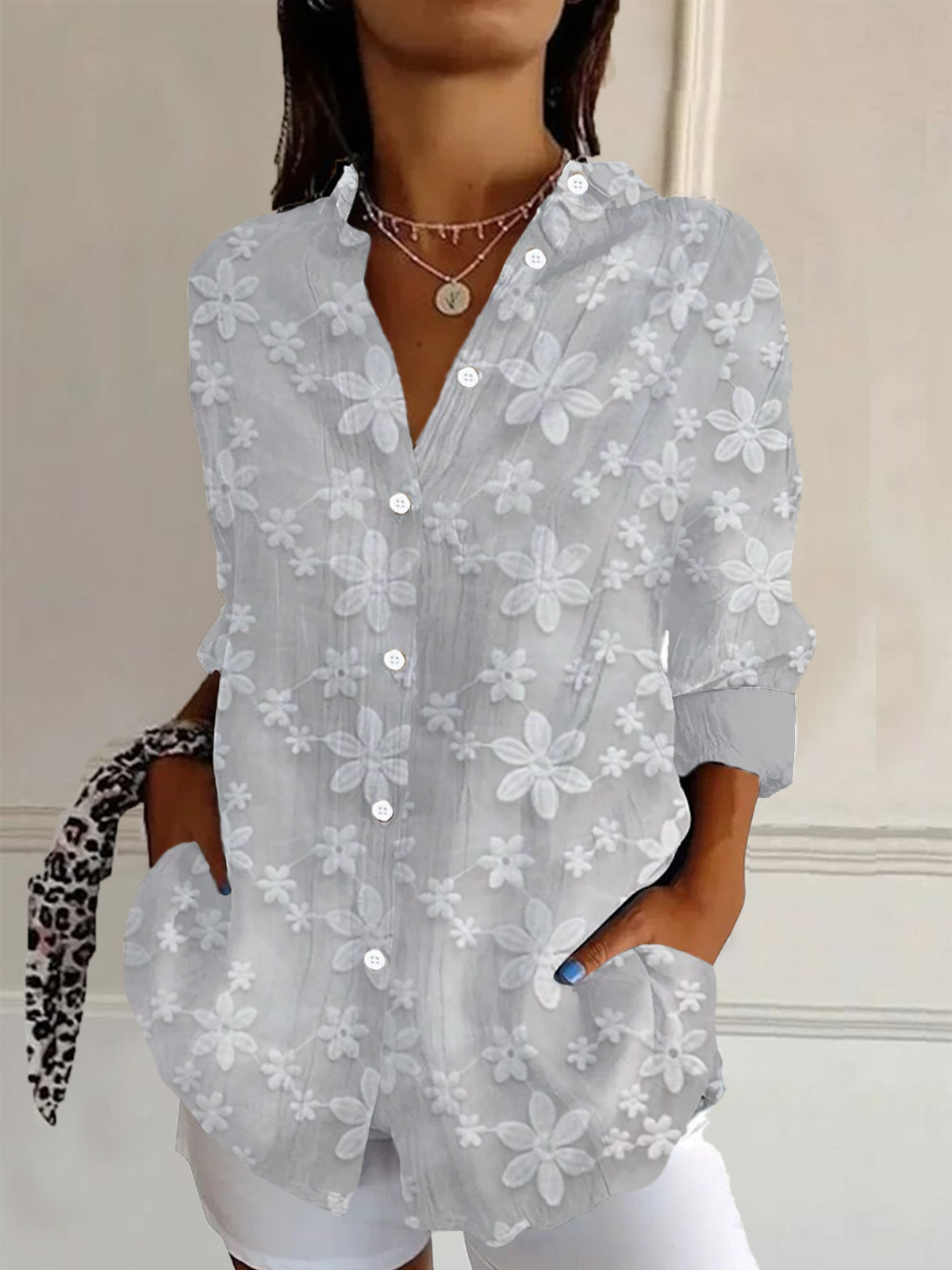 Shirt Collar Long Sleeve Floral Buckle Regular Loose Button Up Shirt Shirt For Women