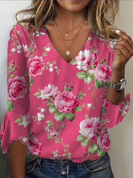 Casual Floral V Neck Half Sleeve T-shirt