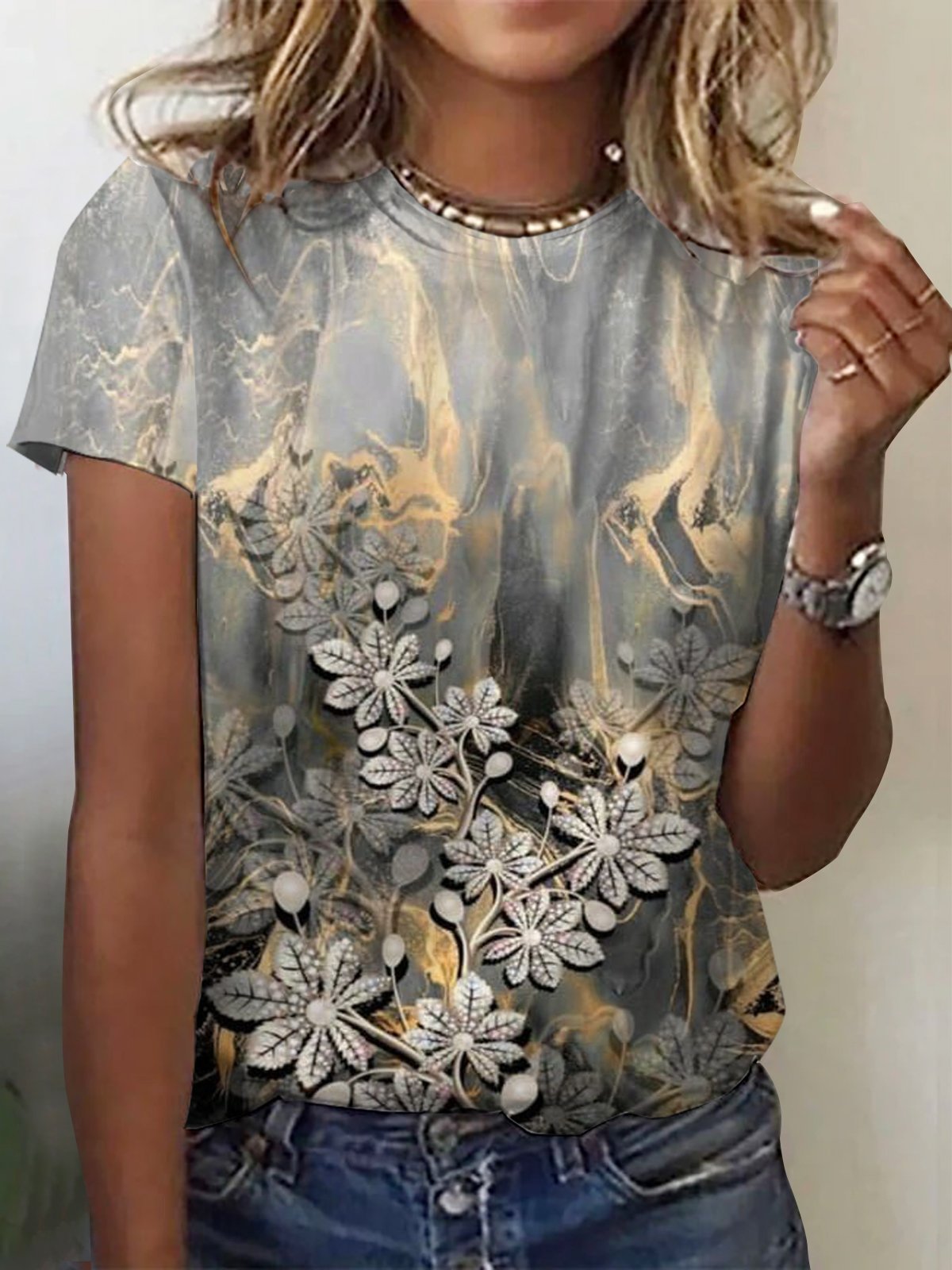 Casual Floral Crew Neck Short Sleeve T-shirt