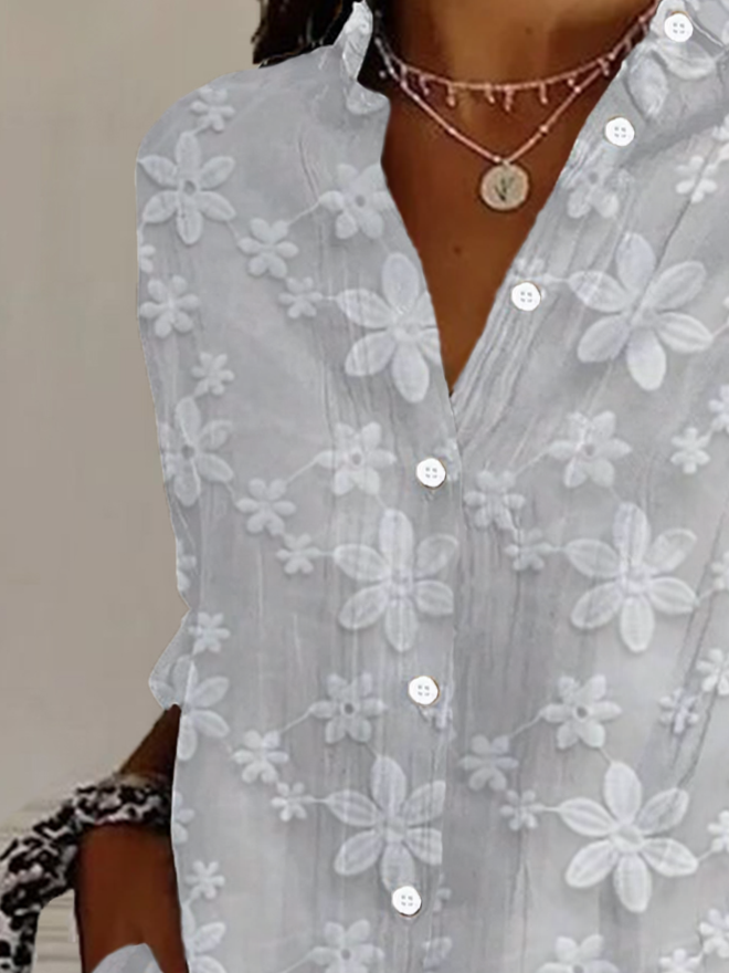 Shirt Collar Long Sleeve Floral Buckle Regular Loose Button Up Shirt Shirt For Women