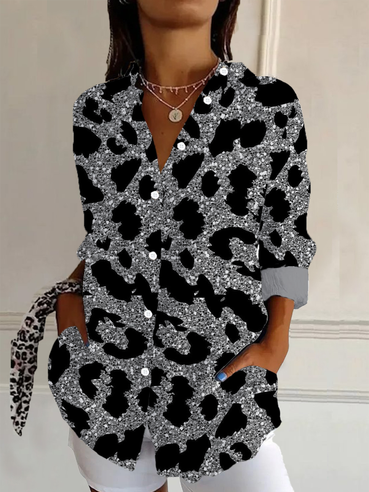 Shirt Collar Long Sleeve Leopard Buckle Regular Loose Button Up Shirt Shirt For Women