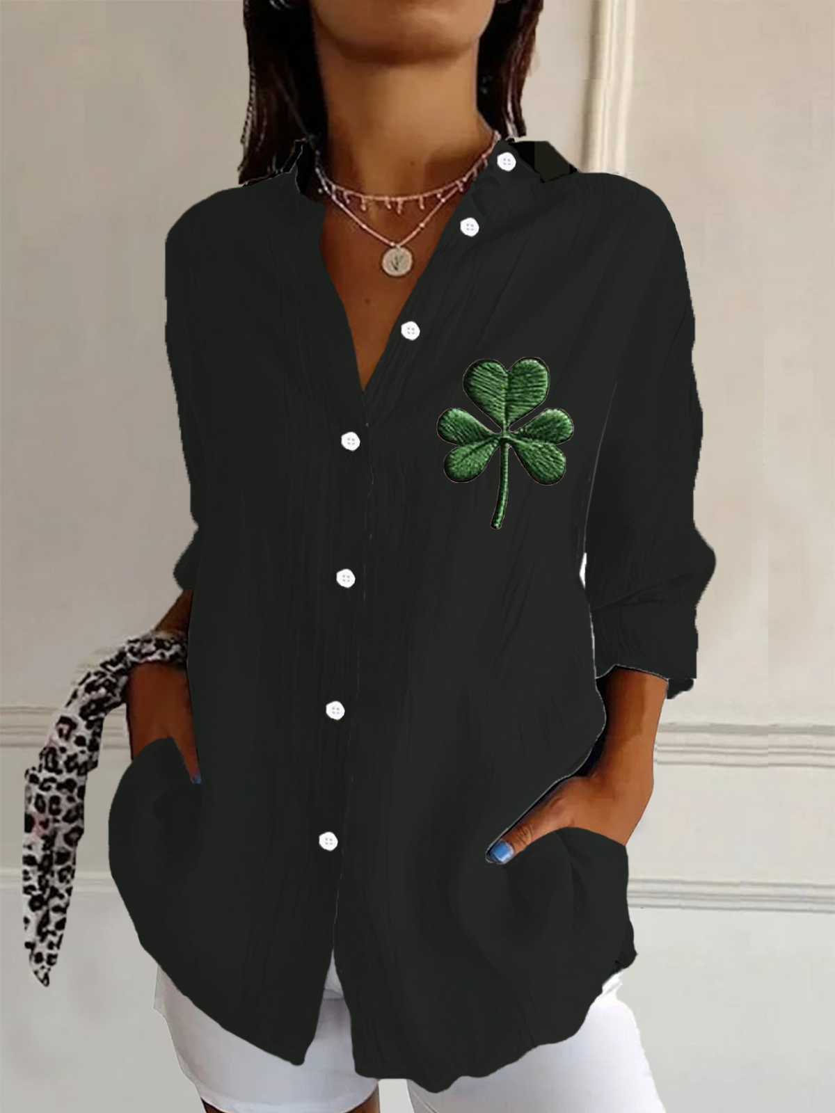 St. Patrick's Day Leaf Buckle Regular Loose Button Up Shirt Shirt For Women