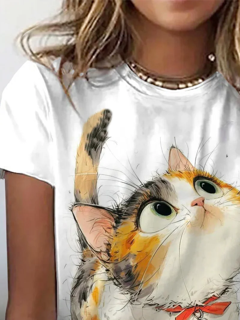 Casual Cat Crew Neck Short Sleeve T-shirt