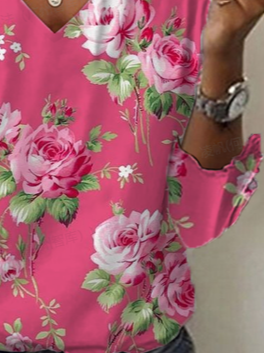 Casual Floral V Neck Half Sleeve T-shirt