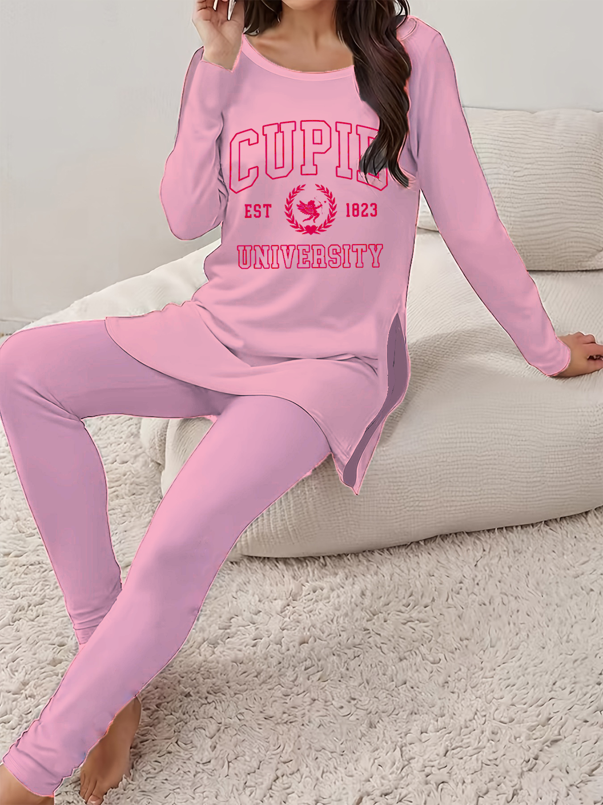 Women Text Letters Crew Neck Long Sleeve Comfy Casual Printing Top With Pants Two-Piece Set