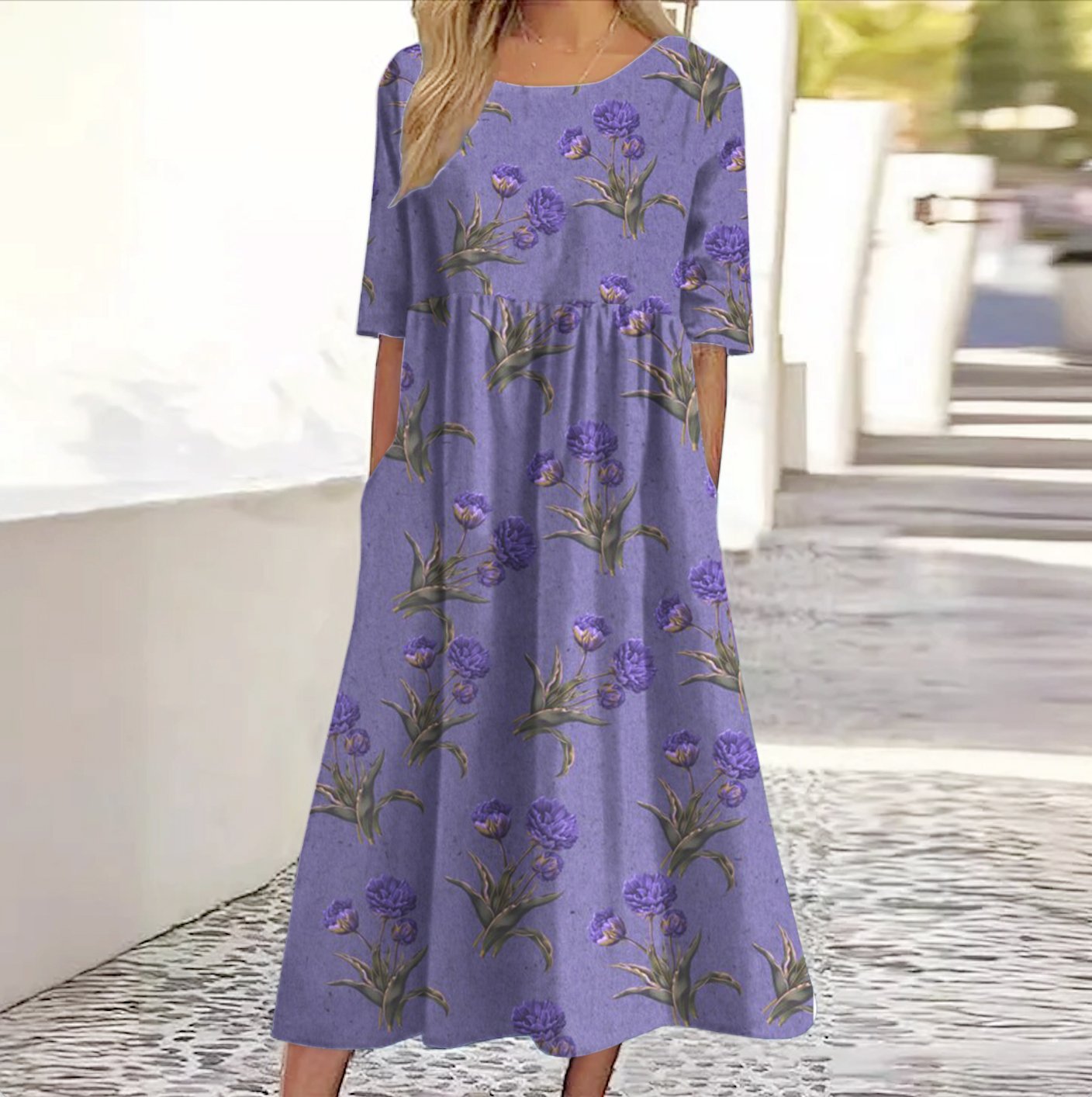 Women Floral Crew Neck Three Quarter Sleeve Comfy Casual Maxi Dress