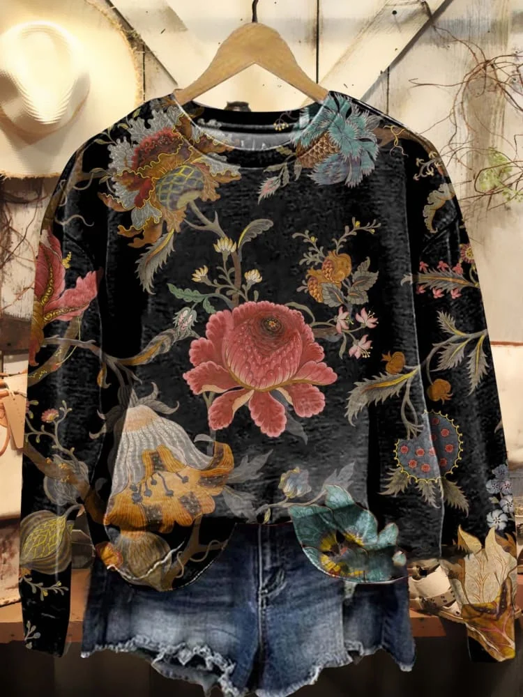 Casual Crew Neck Floral Sweatshirt Printing