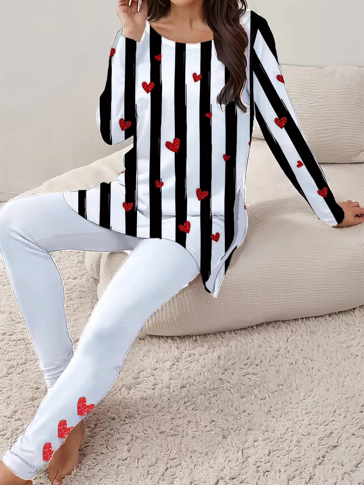 Women Striped Crew Neck Long Sleeve Comfy Casual Printing Top With Pants Two-Piece Set