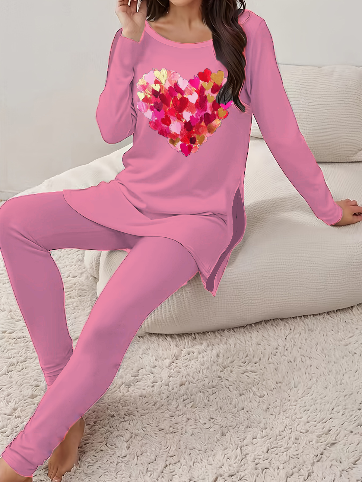 Women Heart/Cordate Crew Neck Long Sleeve Comfy Casual Printing Top With Pants Two-Piece Set