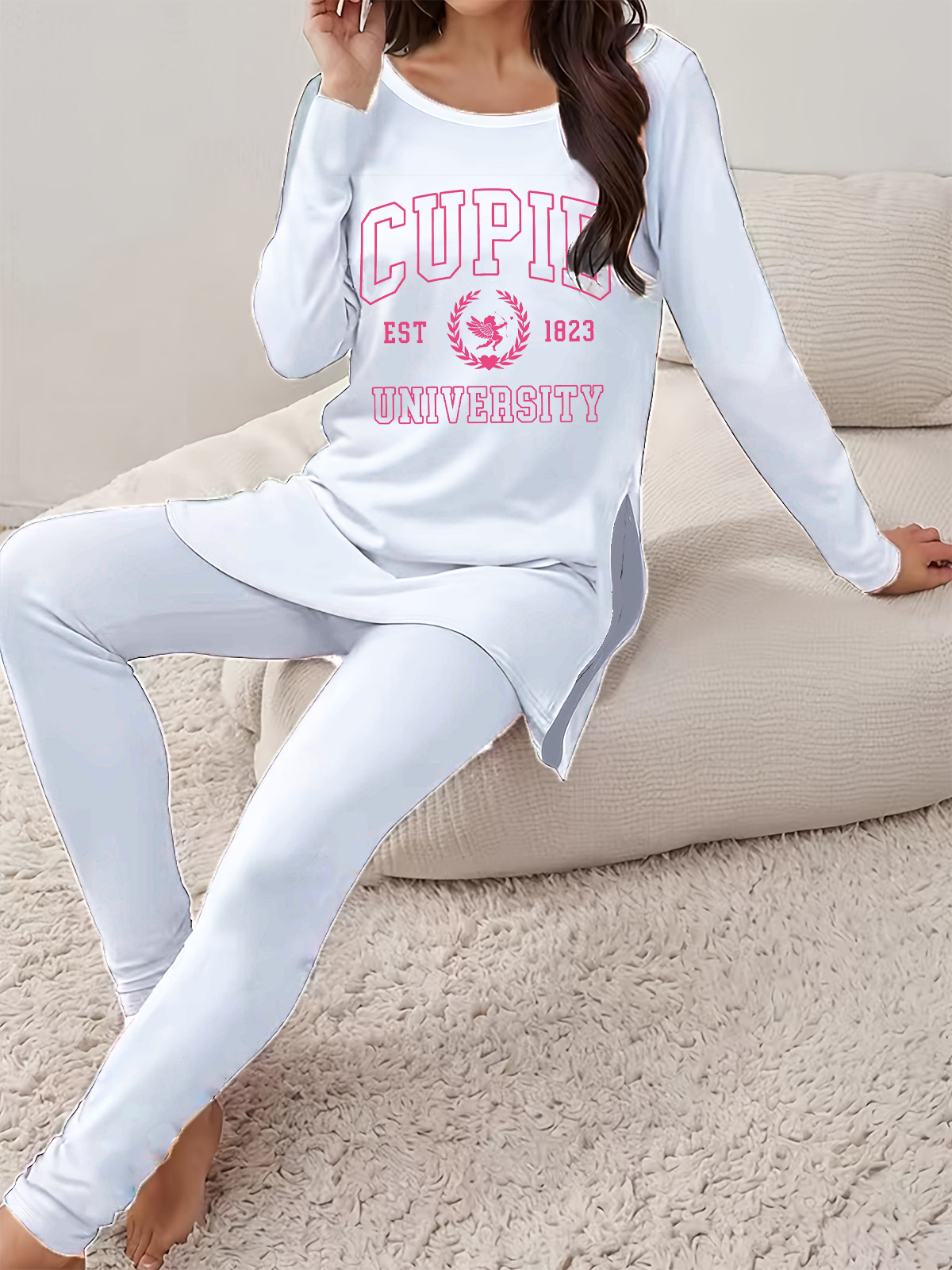 Women Text Letters Crew Neck Long Sleeve Comfy Casual Printing Top With Pants Two-Piece Set