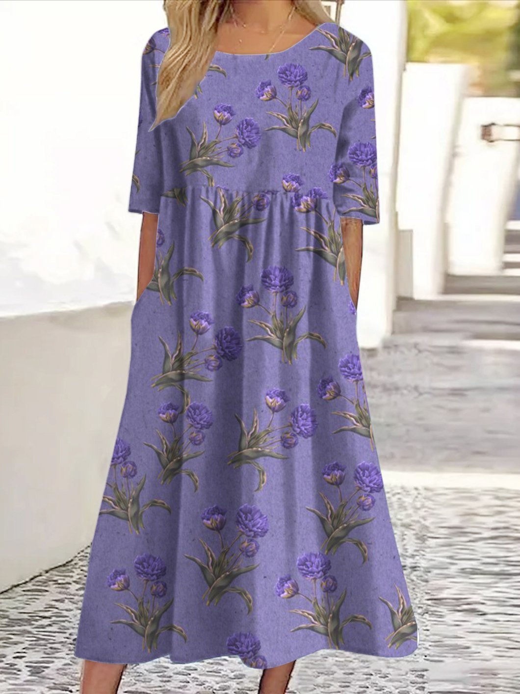 Women Floral Crew Neck Three Quarter Sleeve Comfy Casual Maxi Dress