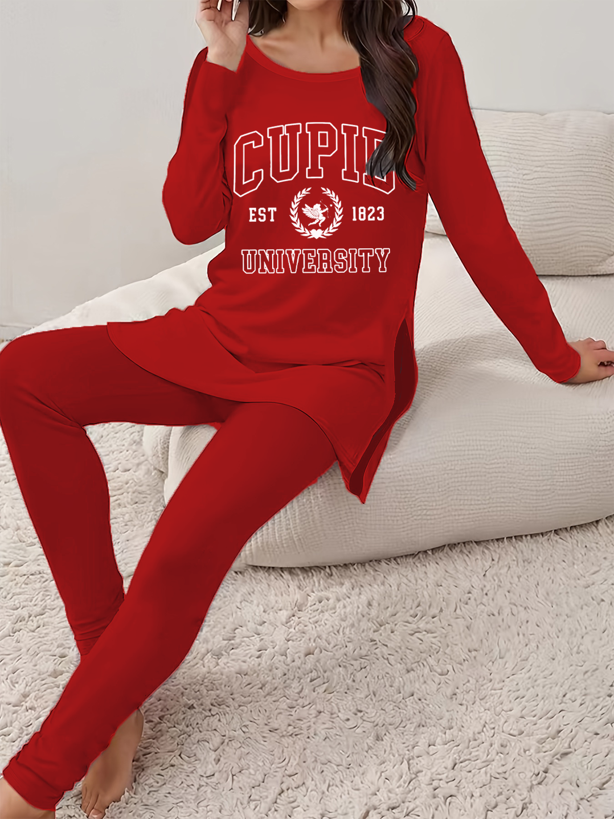 Women Text Letters Crew Neck Long Sleeve Comfy Casual Printing Top With Pants Two-Piece Set