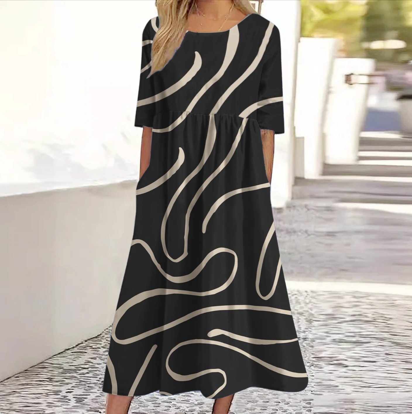 Women Floral Crew Neck Three Quarter Sleeve Comfy Casual Maxi Dress