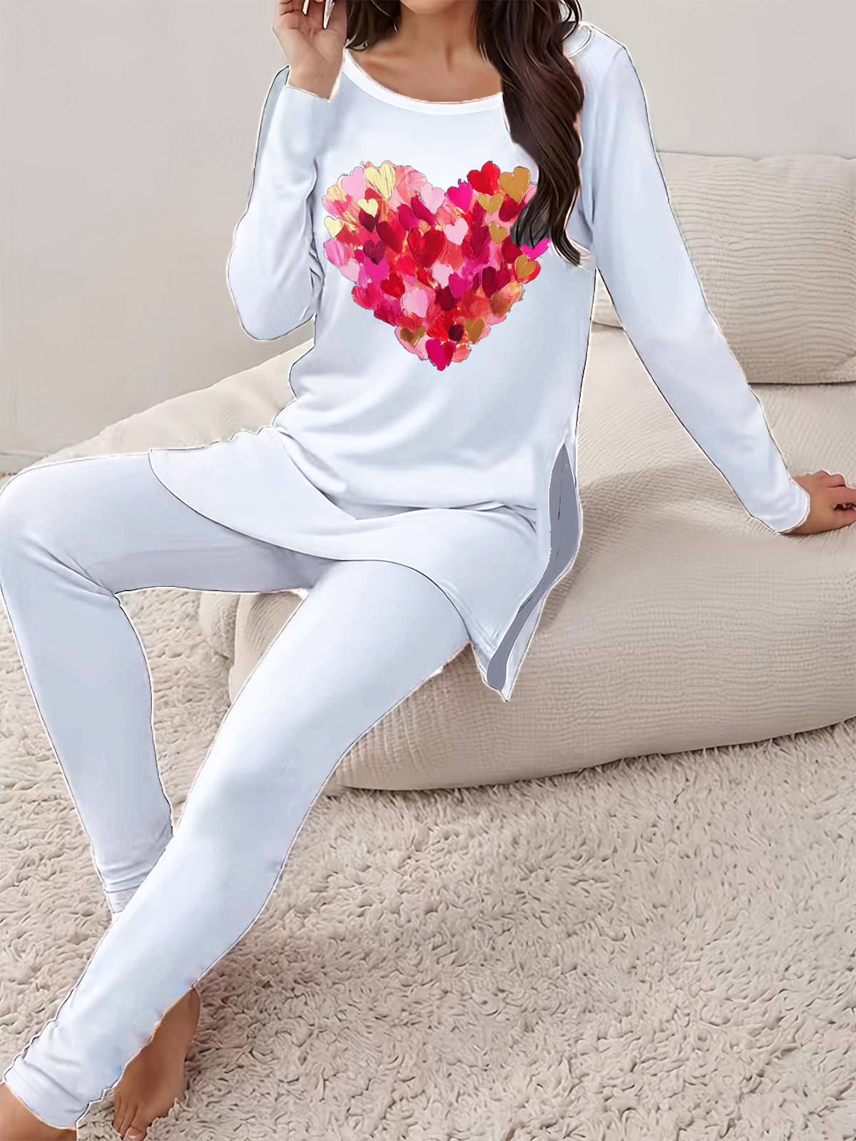 Women Heart/Cordate Crew Neck Long Sleeve Comfy Casual Printing Top With Pants Two-Piece Set