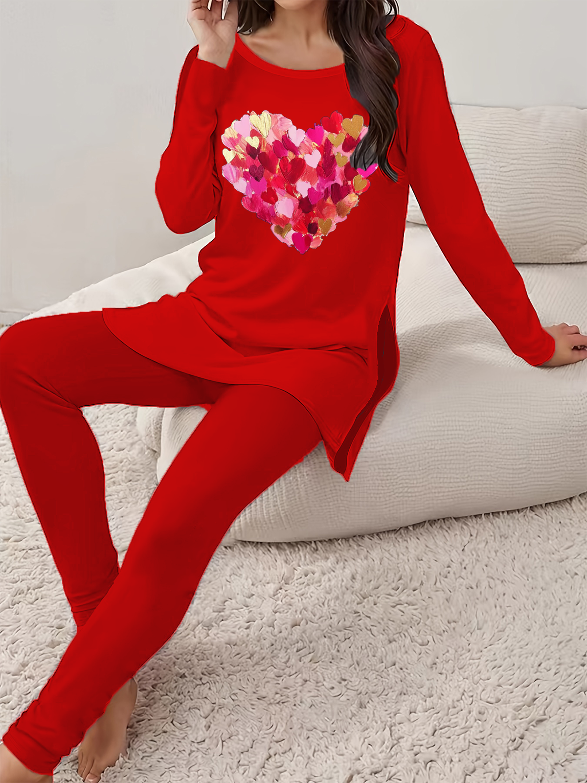 Women Heart/Cordate Crew Neck Long Sleeve Comfy Casual Printing Top With Pants Two-Piece Set