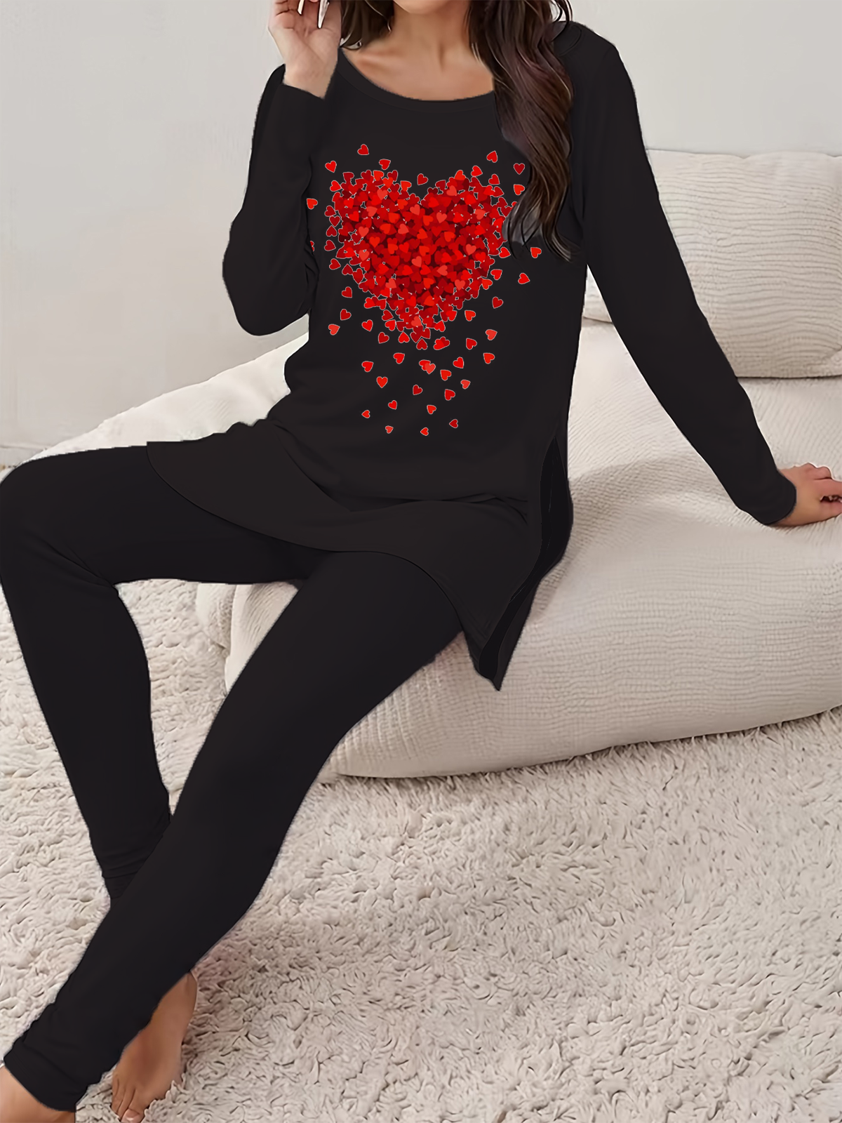 Women Heart/Cordate Crew Neck Long Sleeve Comfy Casual Printing Top With Pants Two-Piece Set