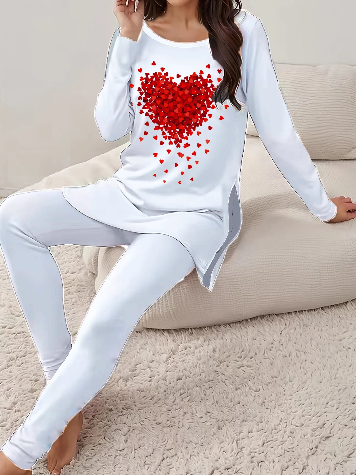 Women Heart/Cordate Crew Neck Long Sleeve Comfy Casual Printing Top With Pants Two-Piece Set