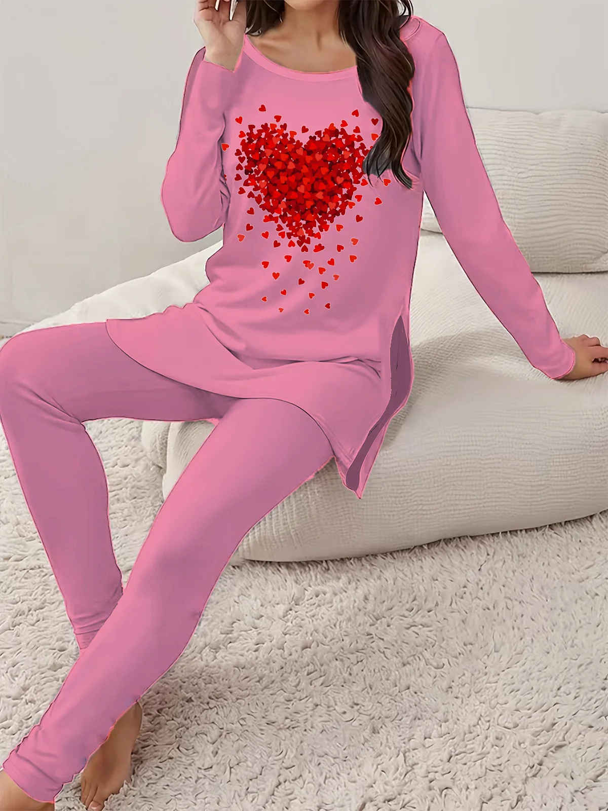 Women Heart/Cordate Crew Neck Long Sleeve Comfy Casual Printing Top With Pants Two-Piece Set