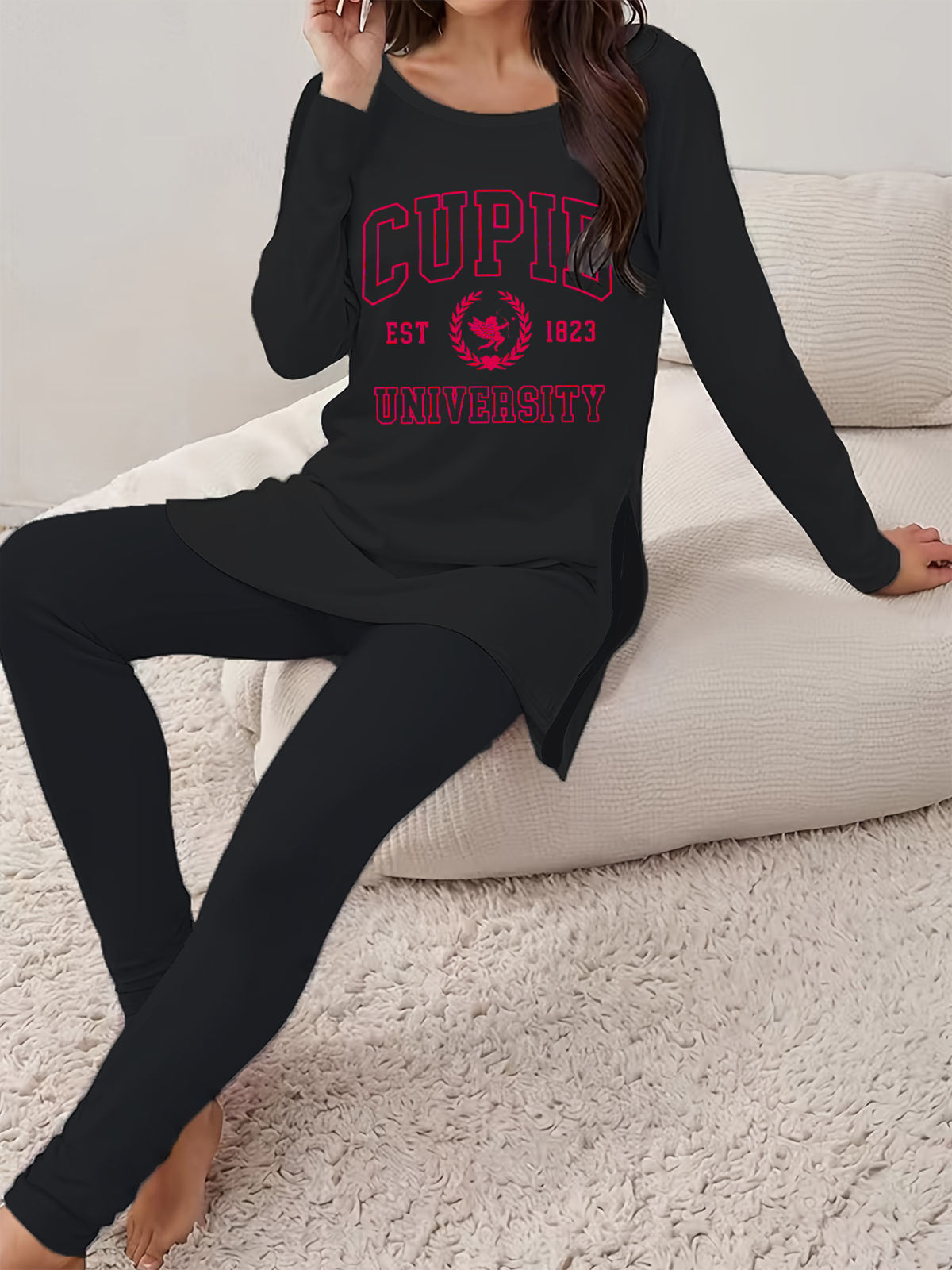 Women Text Letters Crew Neck Long Sleeve Comfy Casual Printing Top With Pants Two-Piece Set