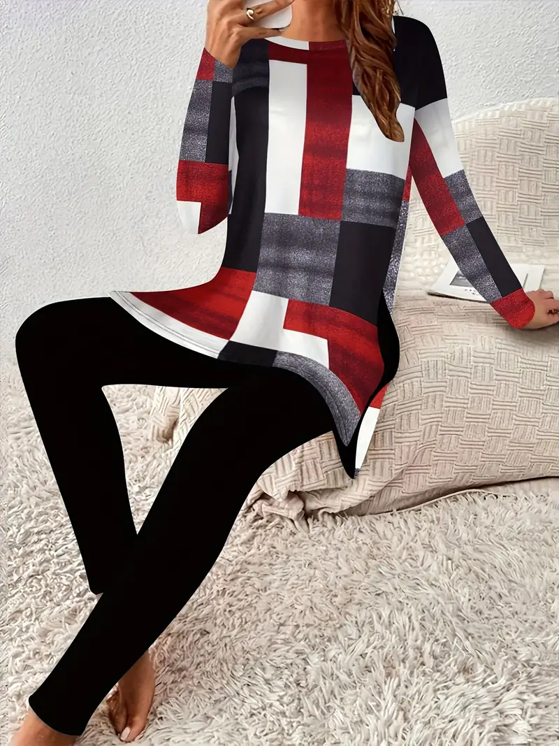 Women Plaid Crew Neck Long Sleeve Comfy Casual Printing Top With Pants Two-Piece Set