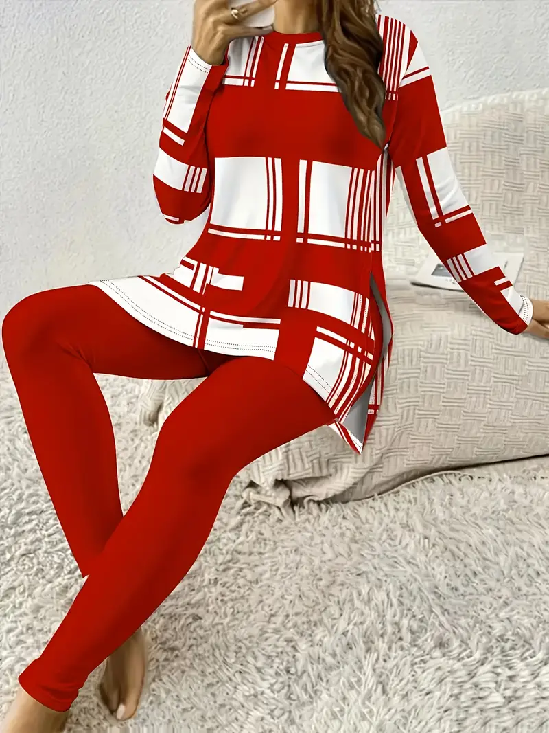 Women Plaid Crew Neck Long Sleeve Comfy Casual Printing Top With Pants Two-Piece Set