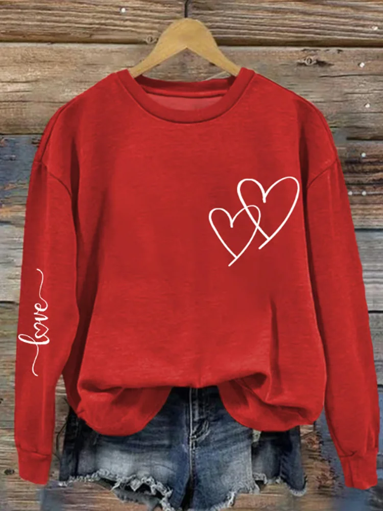 Casual Crew Neck Heart Print Sweatshirt