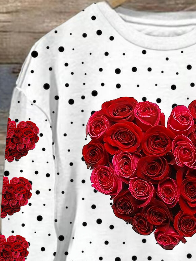 Casual Valentine's Day Crew Neck Rose Heart Print Sweatshirt