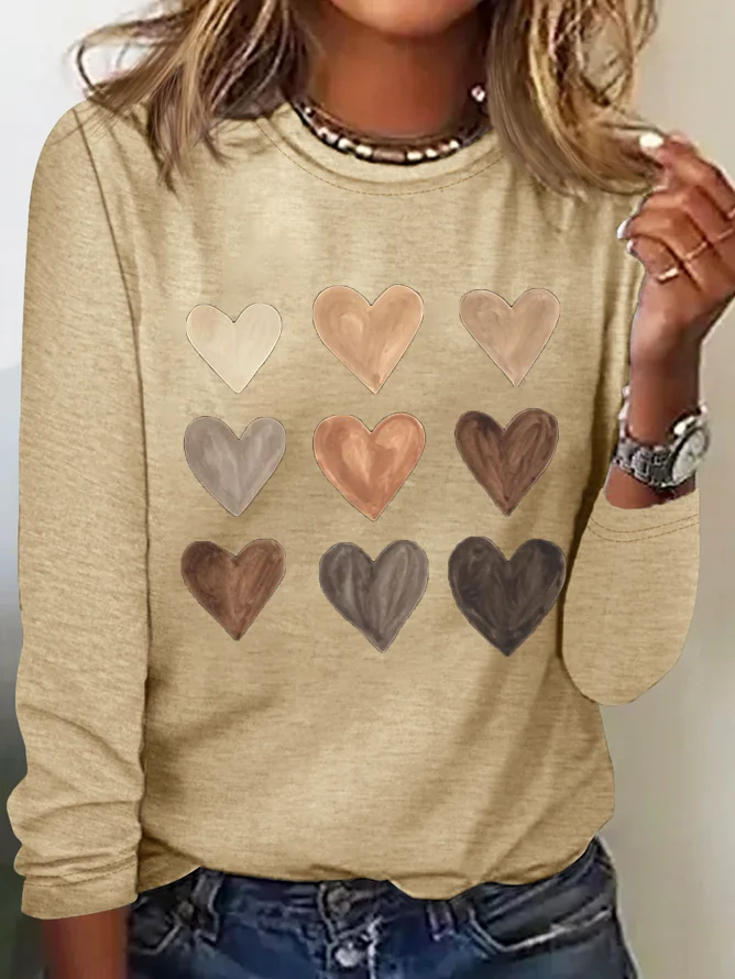 Casual Heart/Cordate Crew Neck Long Sleeve T-shirt