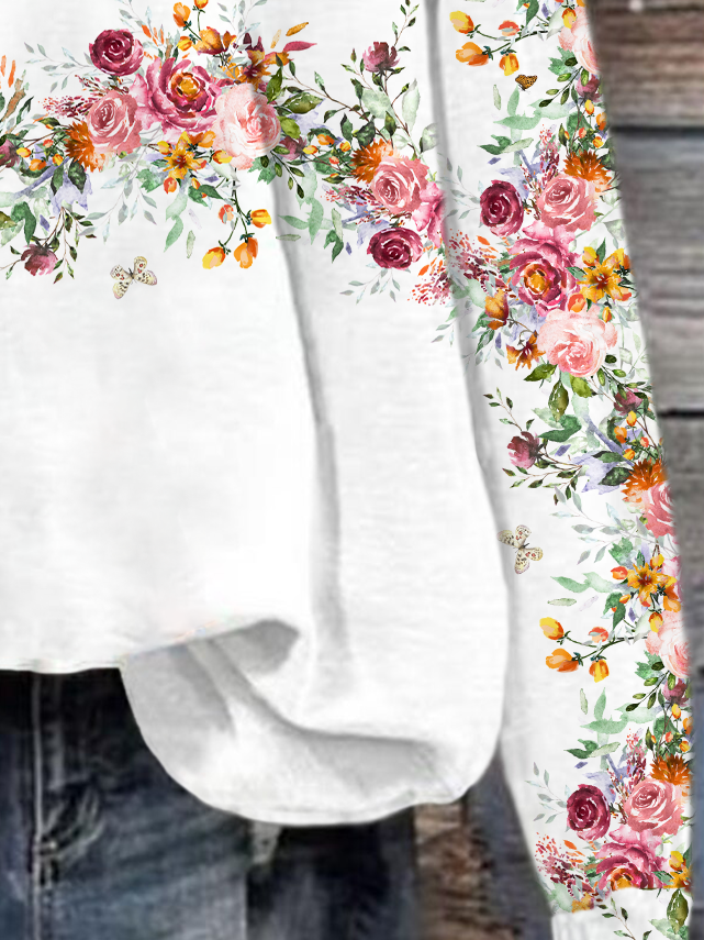 Casual Crew Neck Floral Sweatshirt Printing