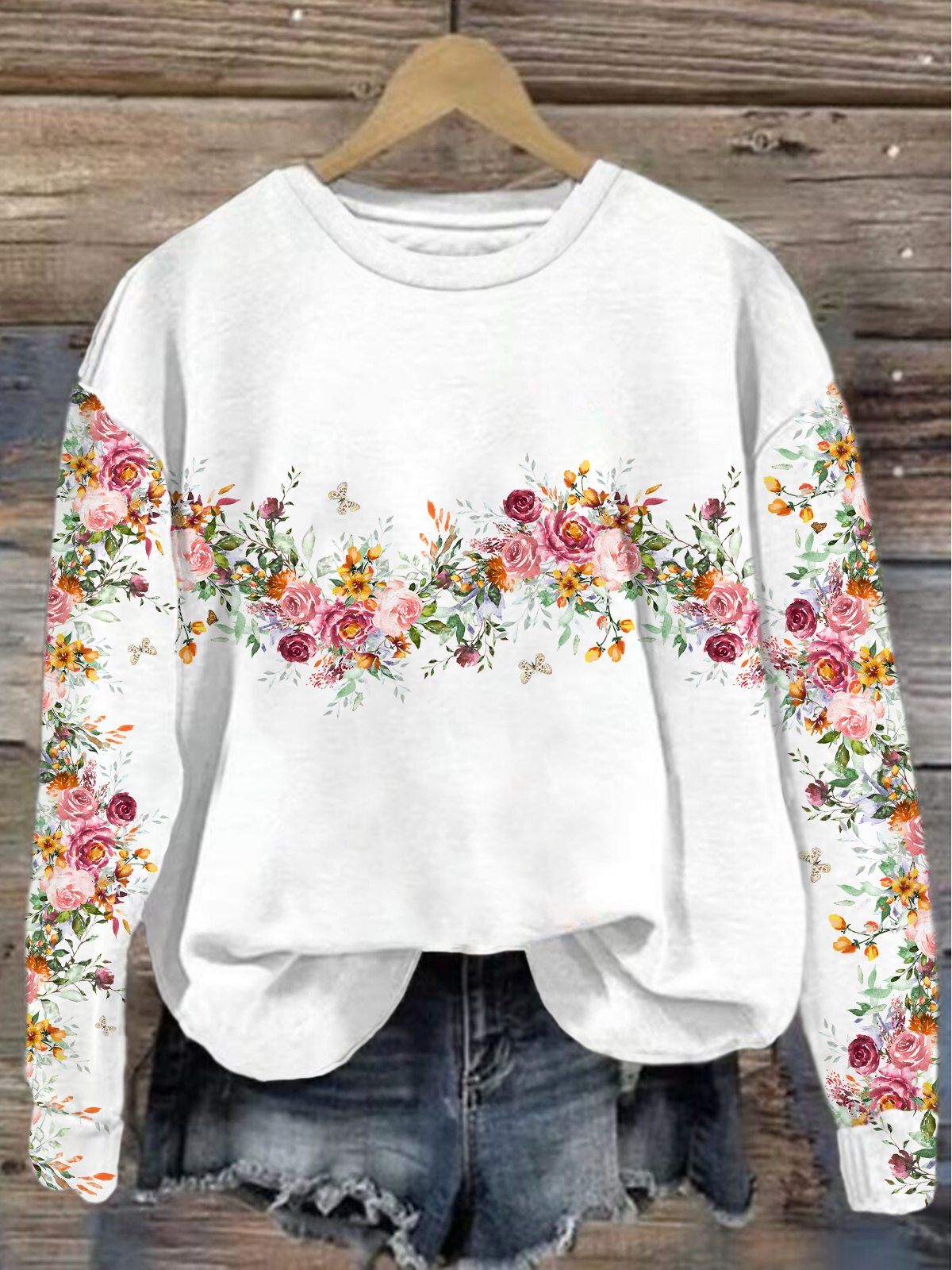 Casual Crew Neck Floral Sweatshirt Printing