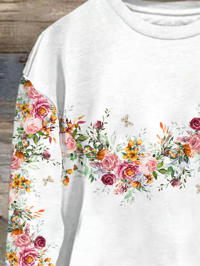 Casual Crew Neck Floral Sweatshirt Printing