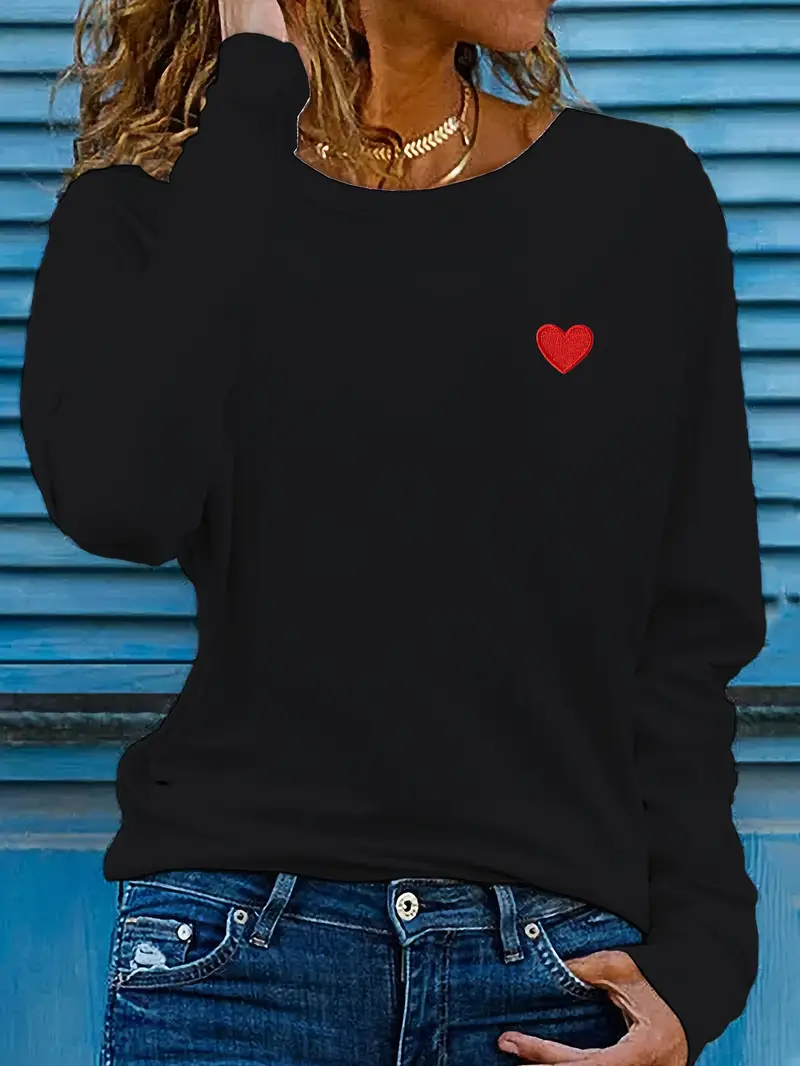 Casual Heart/Cordate Crew Neck Long Sleeve T-shirt