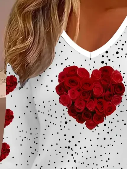 Valentine's Day Casual Rose Heart Print V Neck Long Sleeve T-shirt