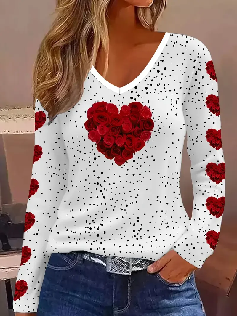 Valentine's Day Casual Rose Heart Print V Neck Long Sleeve T-shirt