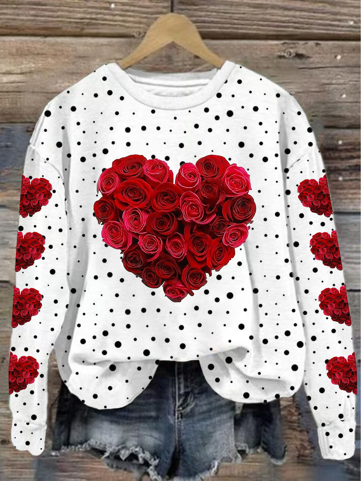 Casual Valentine's Day Crew Neck Rose Heart Print Sweatshirt