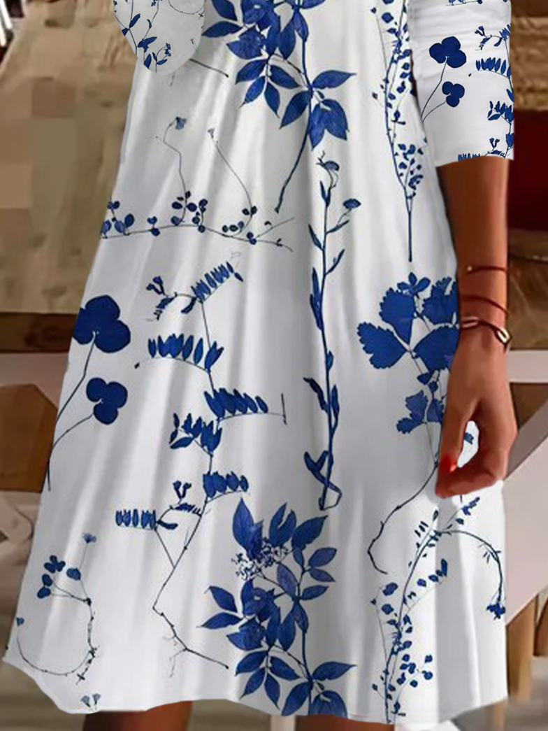 Women Floral V Neck Long Sleeve Comfy Casual Printing Midi Dress