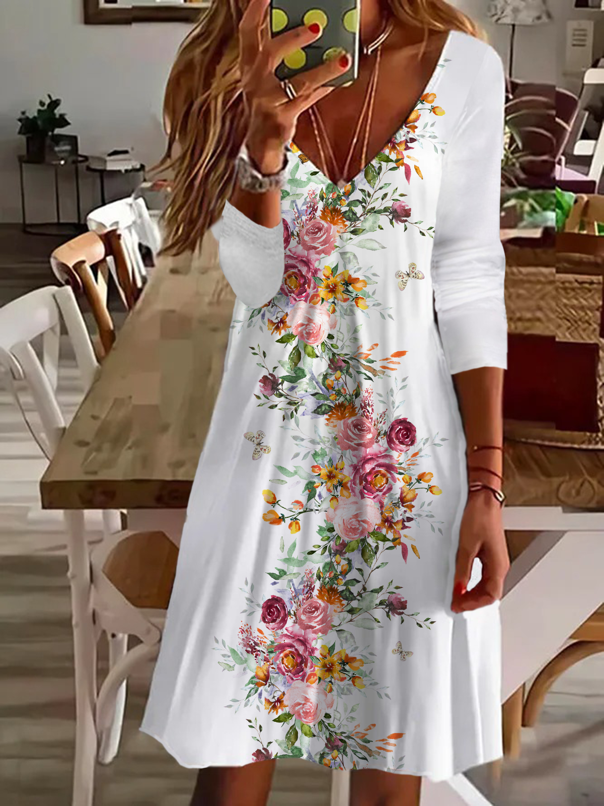 Women Floral V Neck Long Sleeve Comfy Casual Printing Midi Dress