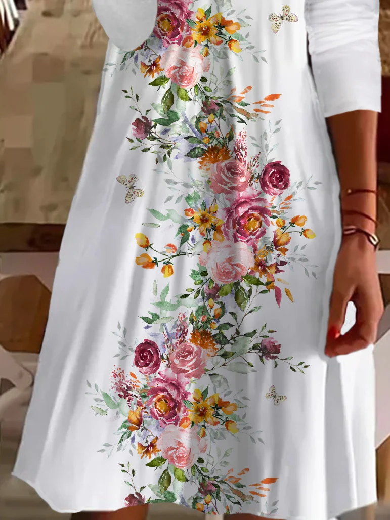 Women Floral V Neck Long Sleeve Comfy Casual Printing Midi Dress