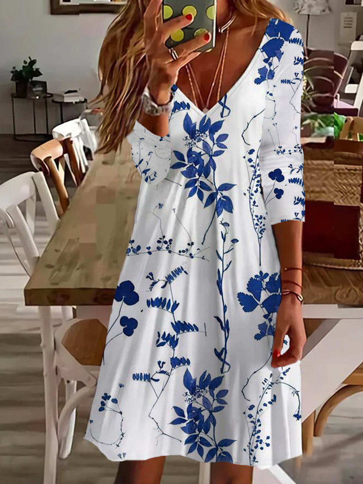 Women Floral V Neck Long Sleeve Comfy Casual Printing Midi Dress